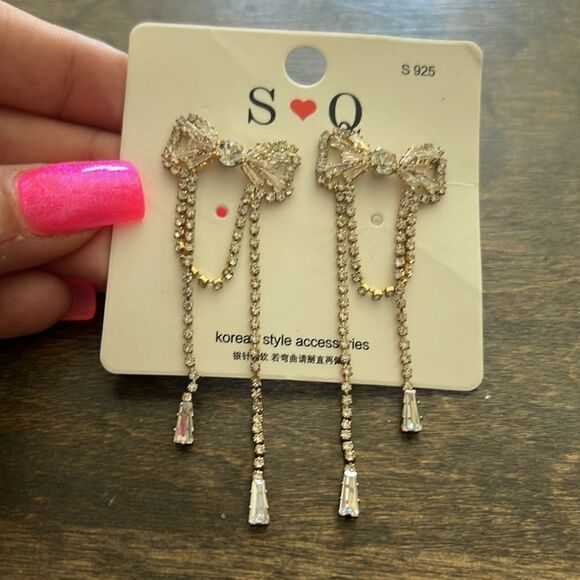 925 Silver Bow Retro Tassels Simulated Diamond Long Earrings Hypoallergenic - Picture 6 of 7